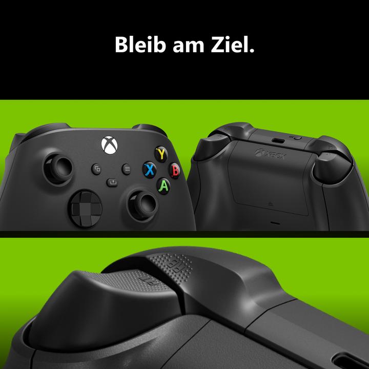 Xbox Wireless Controller Carbon Black front, rear and textured trigger views
