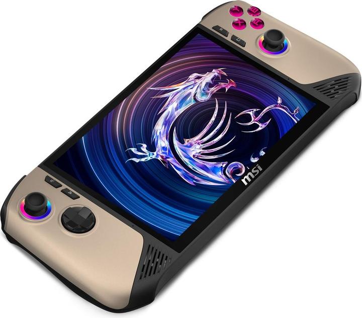MSI Claw 8 AI Plus Sandstorm portrait angle showing integrated controls