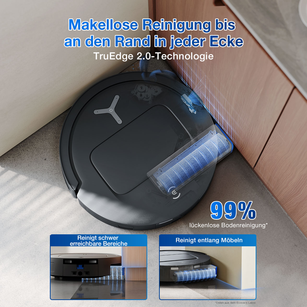 ECOVACS DEEBOT T80 OMNI Robot Vacuum and Mop (Black) — TruEdge edge-cleaning illustration