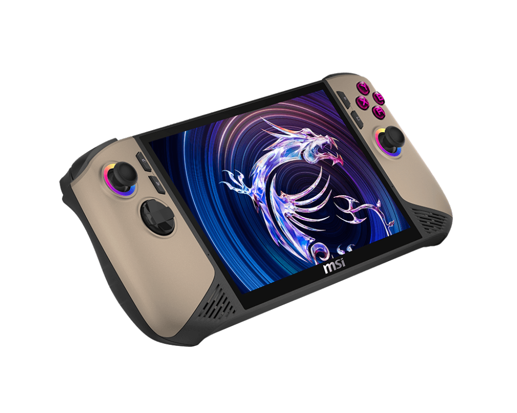 MSI Claw 8 AI Plus Sandstorm opposite front angle