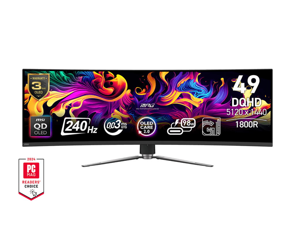 MSI MPG 491CQPX QD-OLED 49-inch 240Hz Curved Gaming Monitor — Front view with specification labels