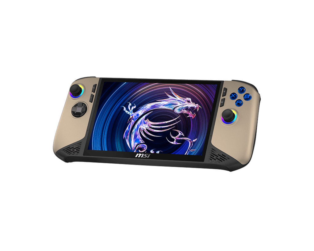 MSI Claw 8 AI Plus Sandstorm angled front view