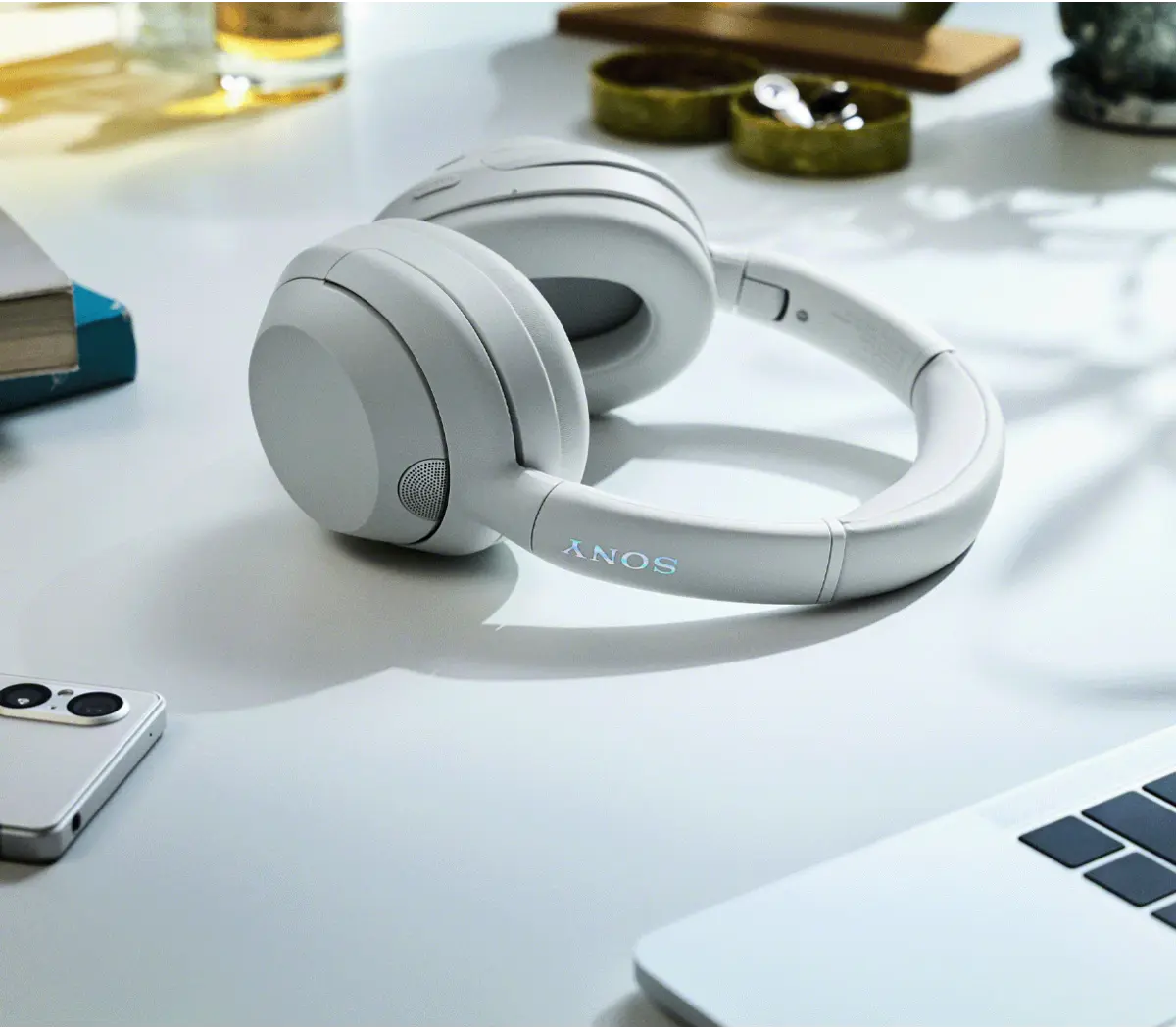 Sony ULT Wear Wireless Headphones (Off White) — Headphones in a tabletop setting