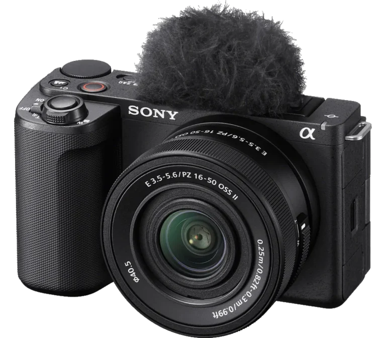 Sony ZV-E10 II Camera Kit (Black, 16–50mm OSS II Lens) — Camera and included lens, angled view
