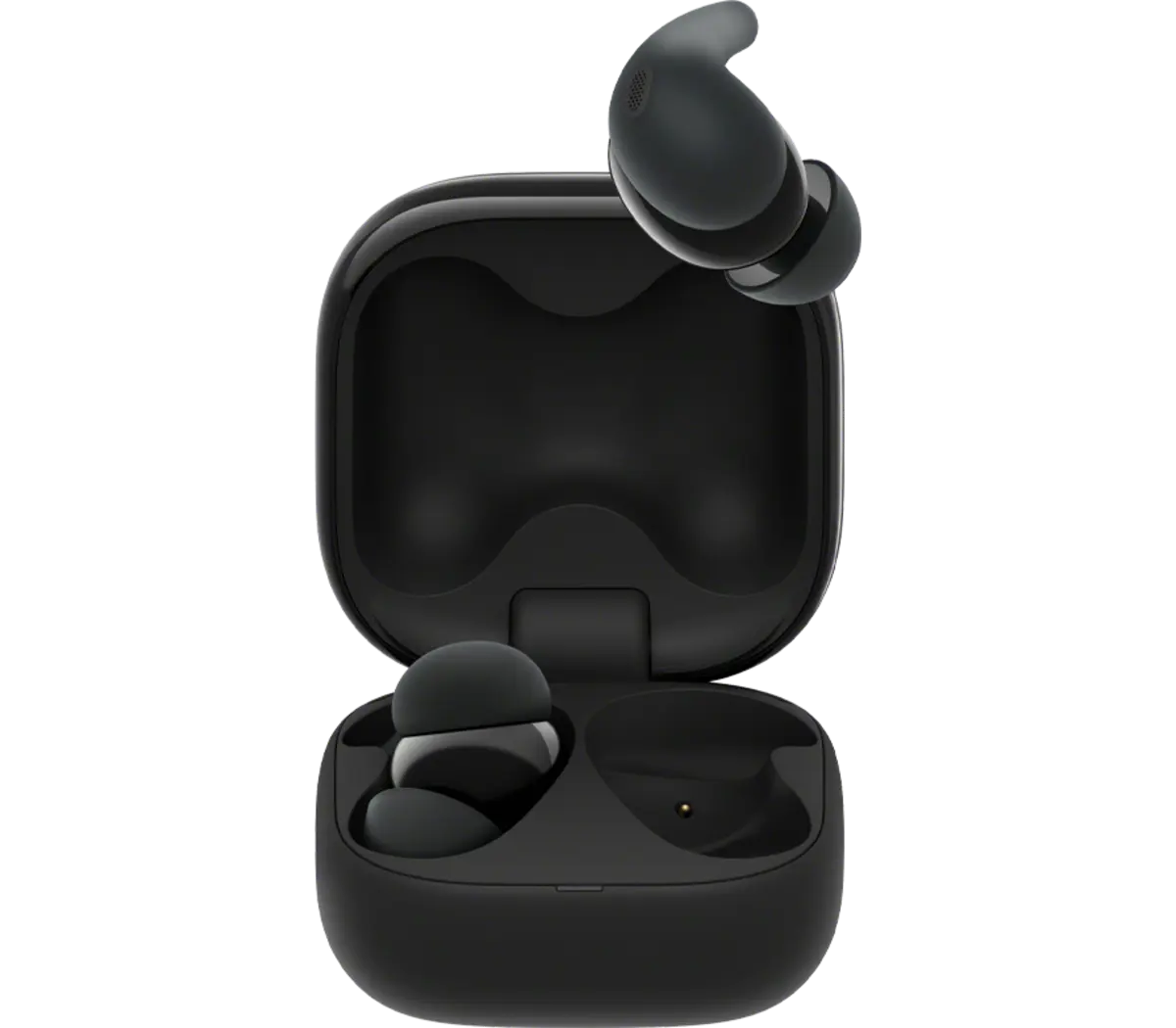 Sony LinkBuds Fit Wireless Earbuds (Black) — Earbuds and open case, angled view