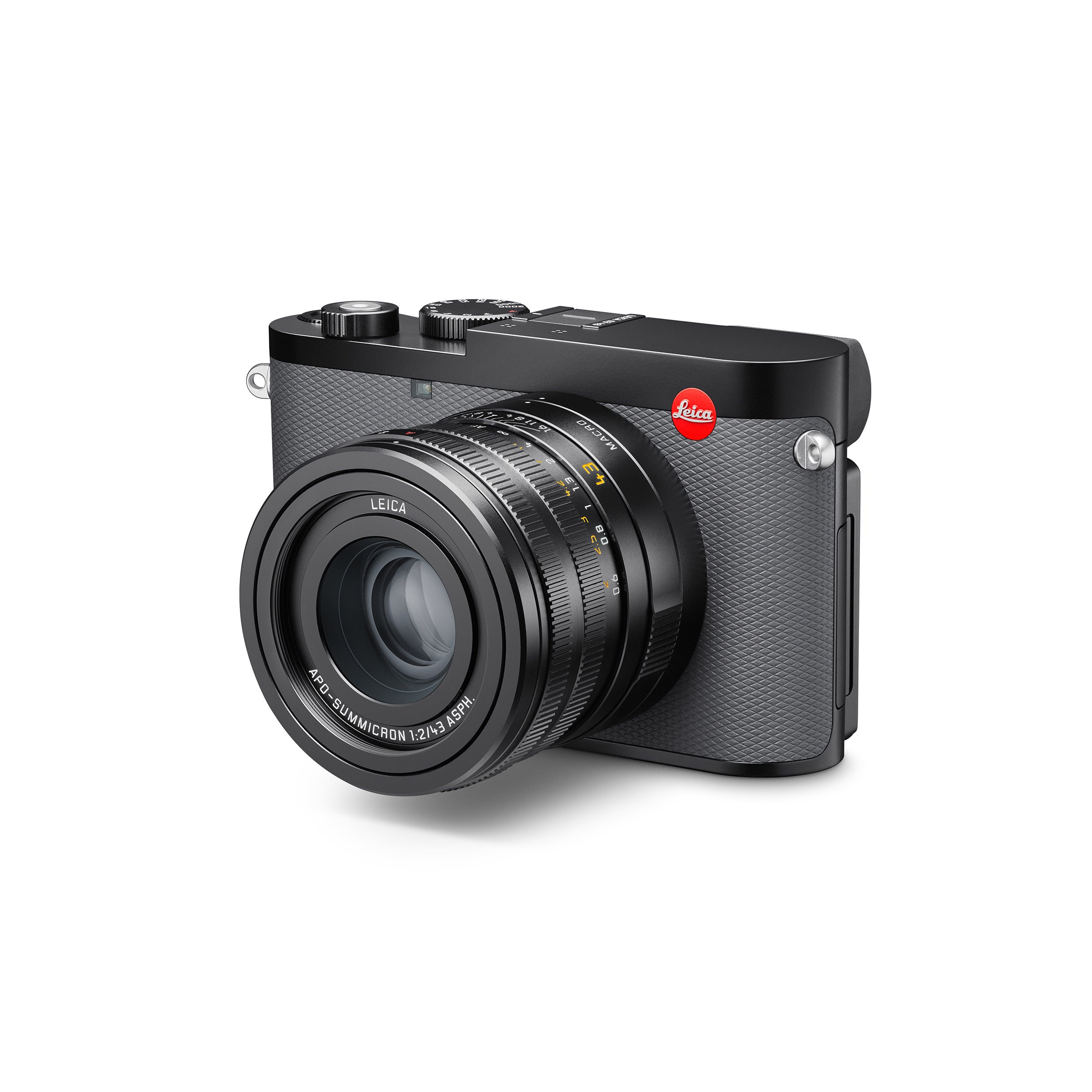 Leica Q3 43 Compact Camera (Black, Grey Covering) — Angled camera view