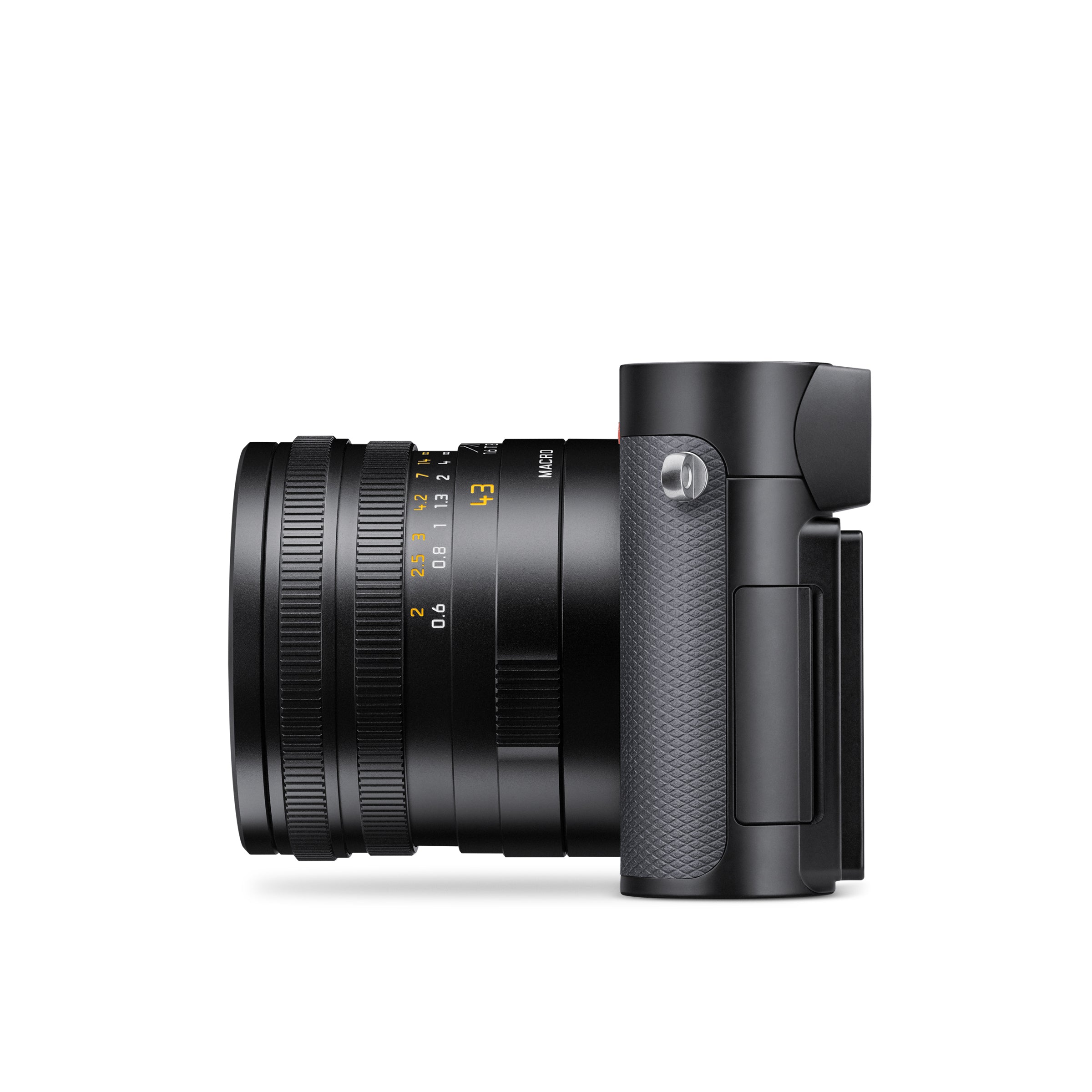 Leica Q3 43 Compact Camera (Black, Grey Covering) — Left profile with screen closed