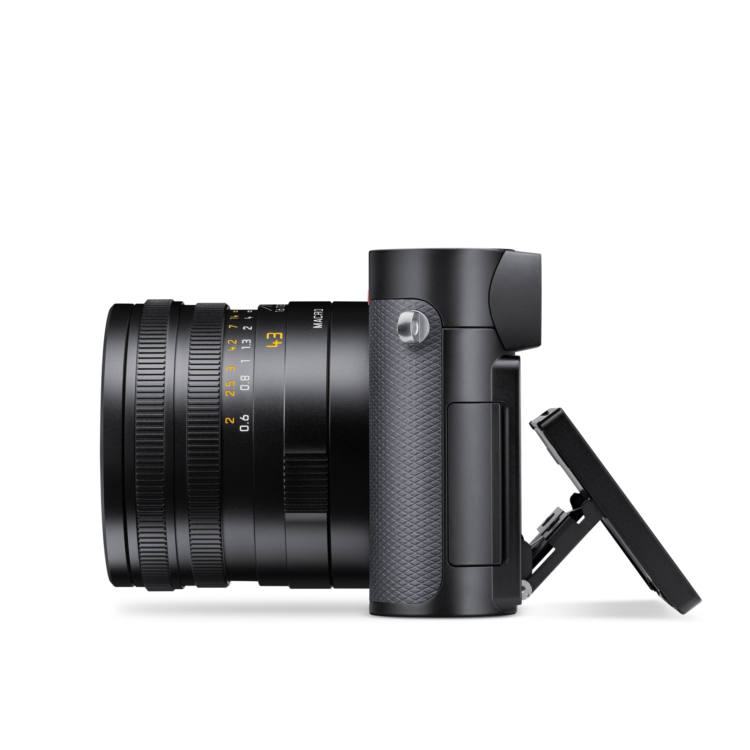 Leica Q3 43 Compact Camera (Black, Grey Covering) — Left profile with screen open