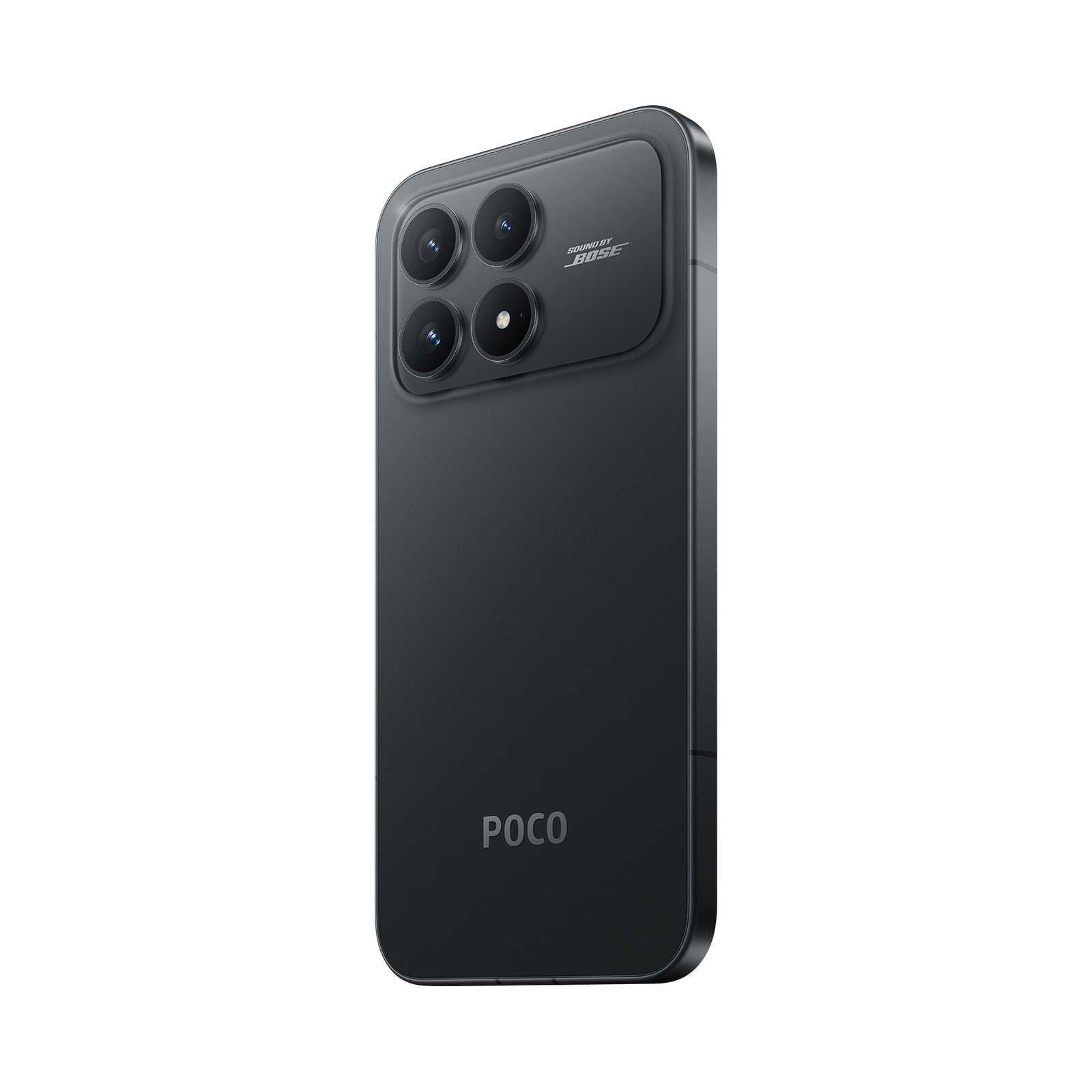 POCO F8 Pro Black — Rear three-quarter view from left
