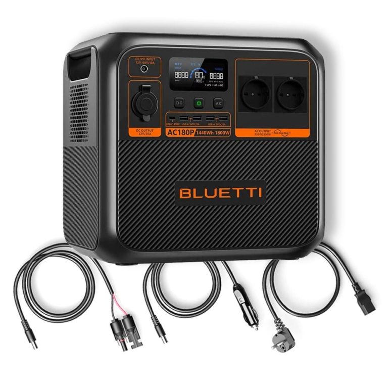 BLUETTI AC180P EU portable power station with charging cables