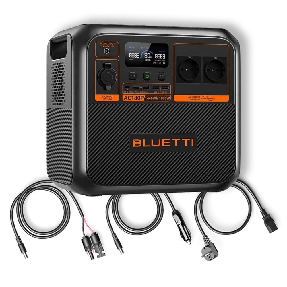 BLUETTI AC180P EU portable power station with charging cables