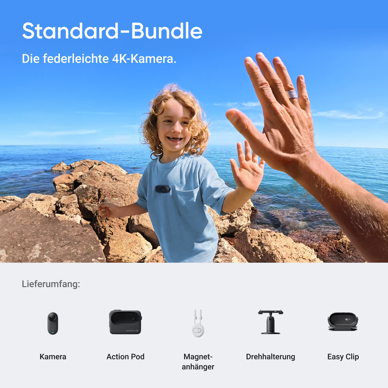 Insta360 GO 3S 128GB (Midnight Black, Standard Bundle) — Standard Bundle contents and use example