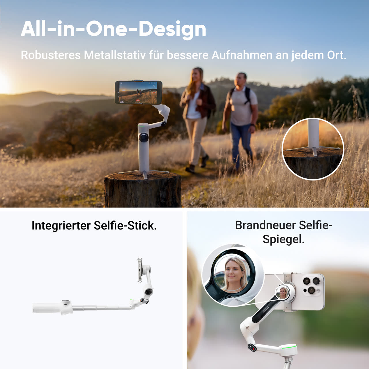Insta360 Flow 2 Pro Smartphone Gimbal (Stone Gray, Standard Bundle) — Integrated selfie stick and tripod illustration