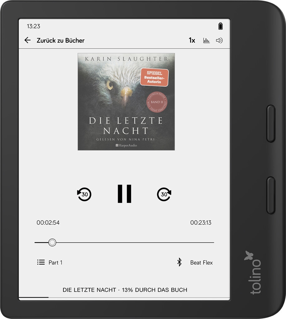 Black Tolino Vision Color showing audiobook playback