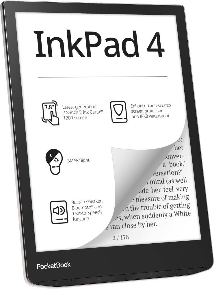 PocketBook InkPad 4 eReader (Stardust Silver, 32GB) — angled front view