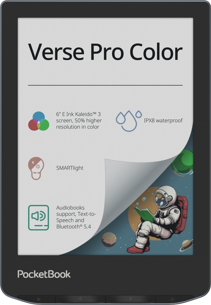 PocketBook Verse Pro Color eReader (Stormy Sea, 16GB) — front display and feature illustration