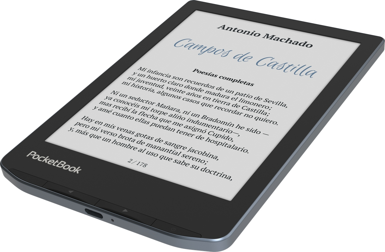 PocketBook Verse Pro Color eReader (Stormy Sea, 16GB) — angled monochrome reading display