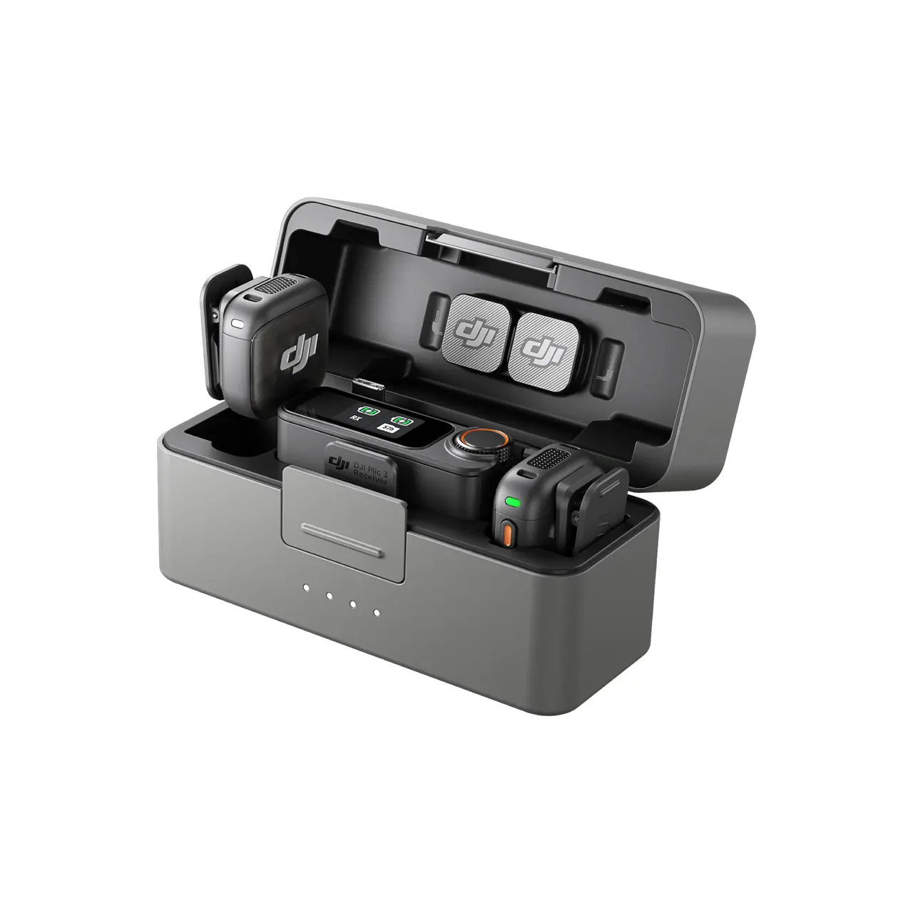 DJI Mic 3 (2 TX + 1 RX + Charging Case) — Open charging case three-quarter view