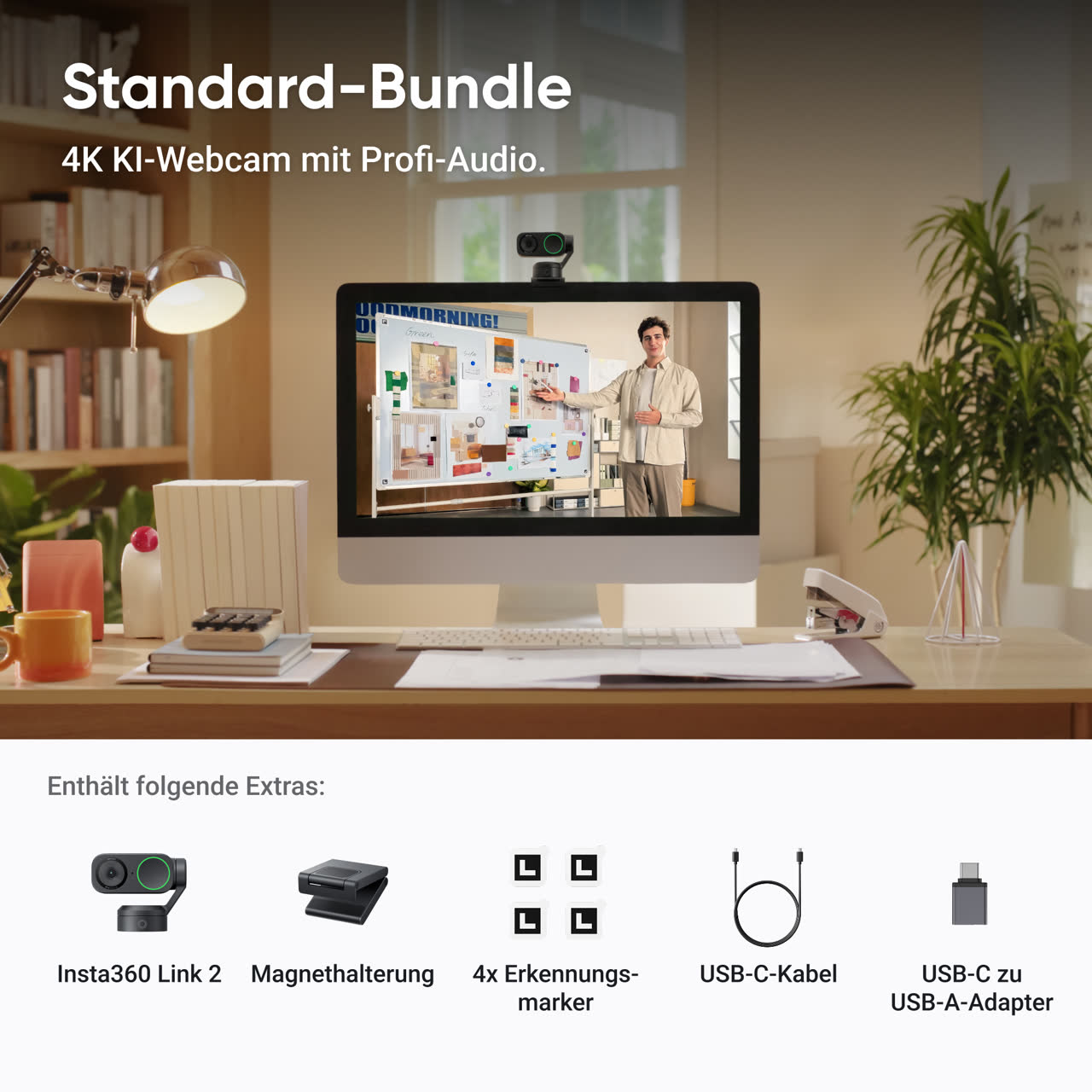 Insta360 Link 2 4K Webcam (Graphite Black, Standard Bundle) — Standard Bundle contents and desktop example
