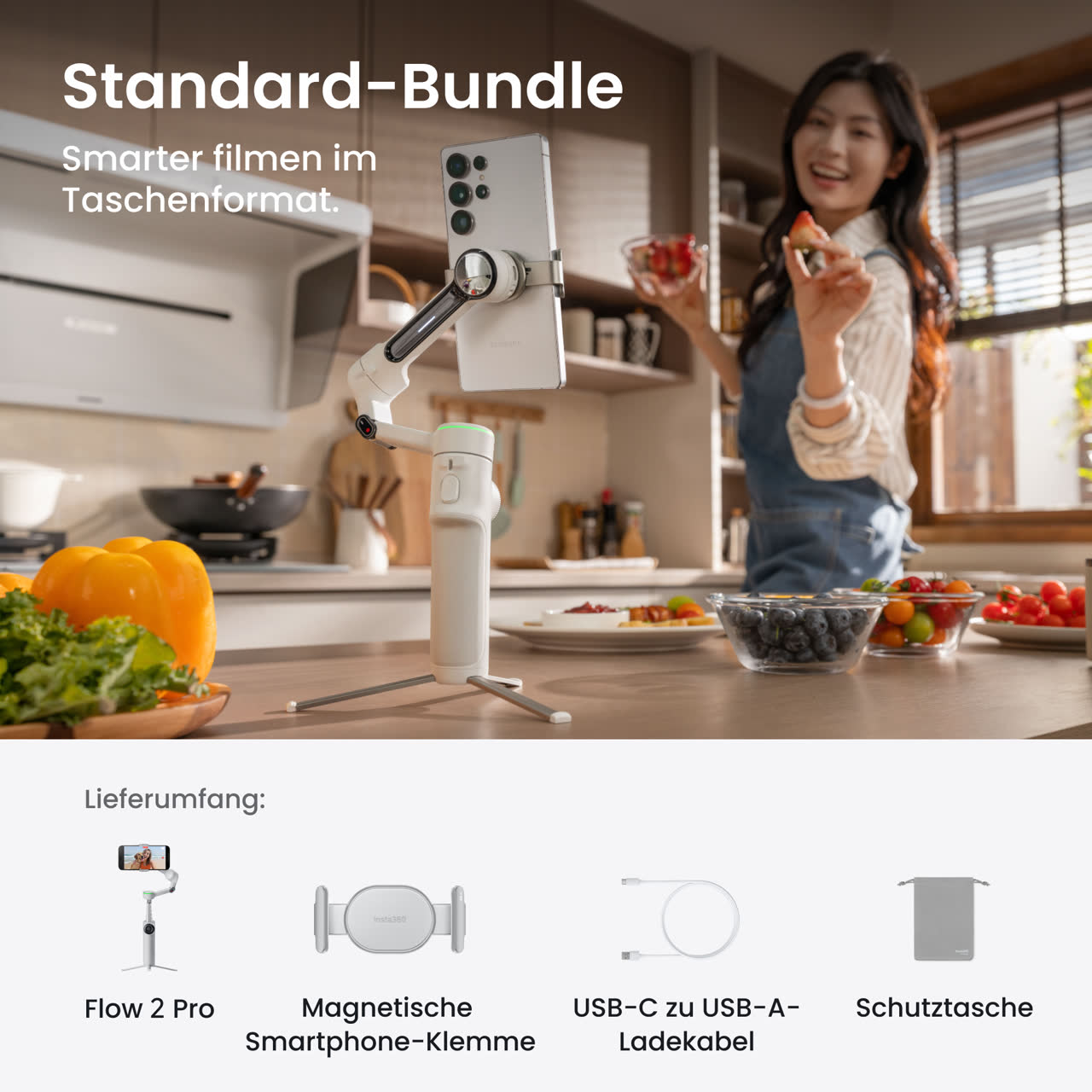 Insta360 Flow 2 Pro Smartphone Gimbal (Stone Gray, Standard Bundle) — Standard Bundle contents and use example