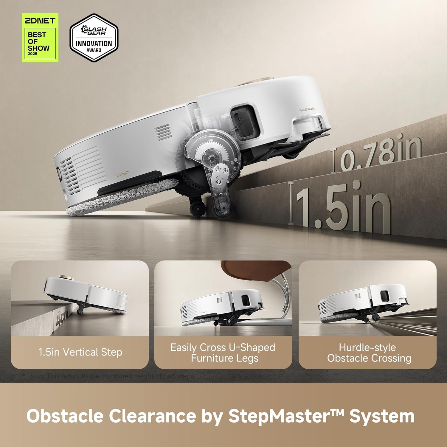 MOVA V50 Ultra Complete Robot Vacuum (White) — threshold-climbing illustration