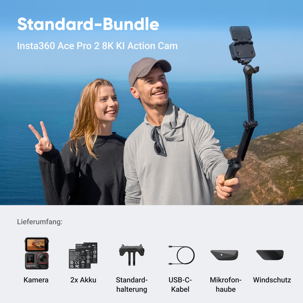 Insta360 Ace Pro 2 Action Camera (Midnight Black, Dual Battery Standard Bundle) — Camera in use and Standard Bundle contents