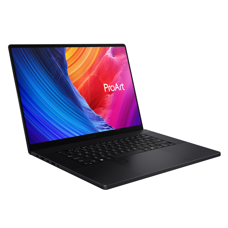 Nano Black ProArt P16 display opened from the front view, tilting at 45-degree from the left side.