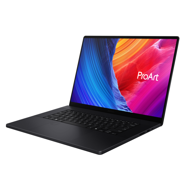 Nano Black ProArt P16 display opened from the front view, tilting at 45-degree from the right side.