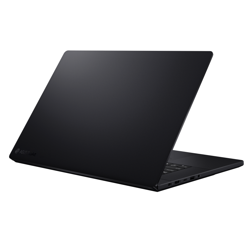 Nano Black ProArt P16 shown from the back side with a stealth hinge design