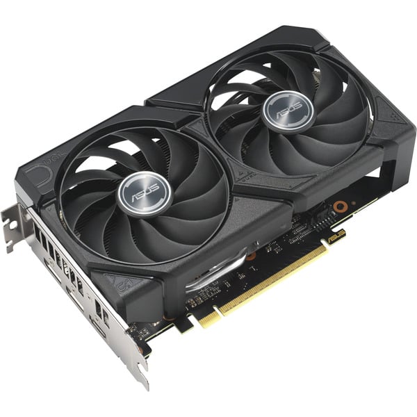 ASUS Dual Radeon RX 9060 XT 16 GB GDDR6 (Black, EU) three-quarter view of the fan shroud and PCIe connector