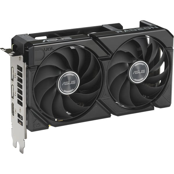 ASUS Dual Radeon RX 9060 XT 16 GB GDDR6 (Black, EU) angled front view from the connector side
