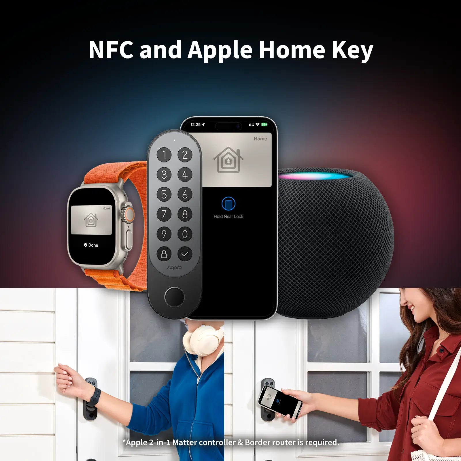 Aqara Smart Lock U200 (Black, with Keypad) — NFC and Apple home key illustration