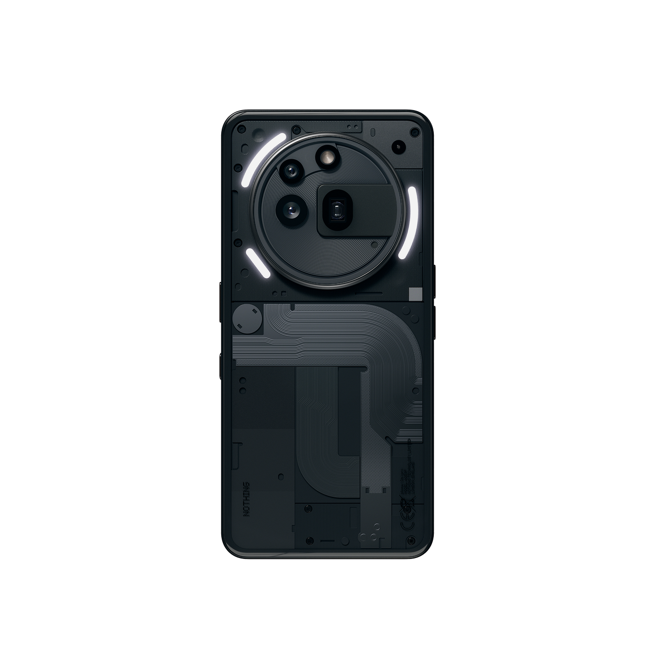Nothing Phone (3a) Pro Black — rear view with Glyph lights on