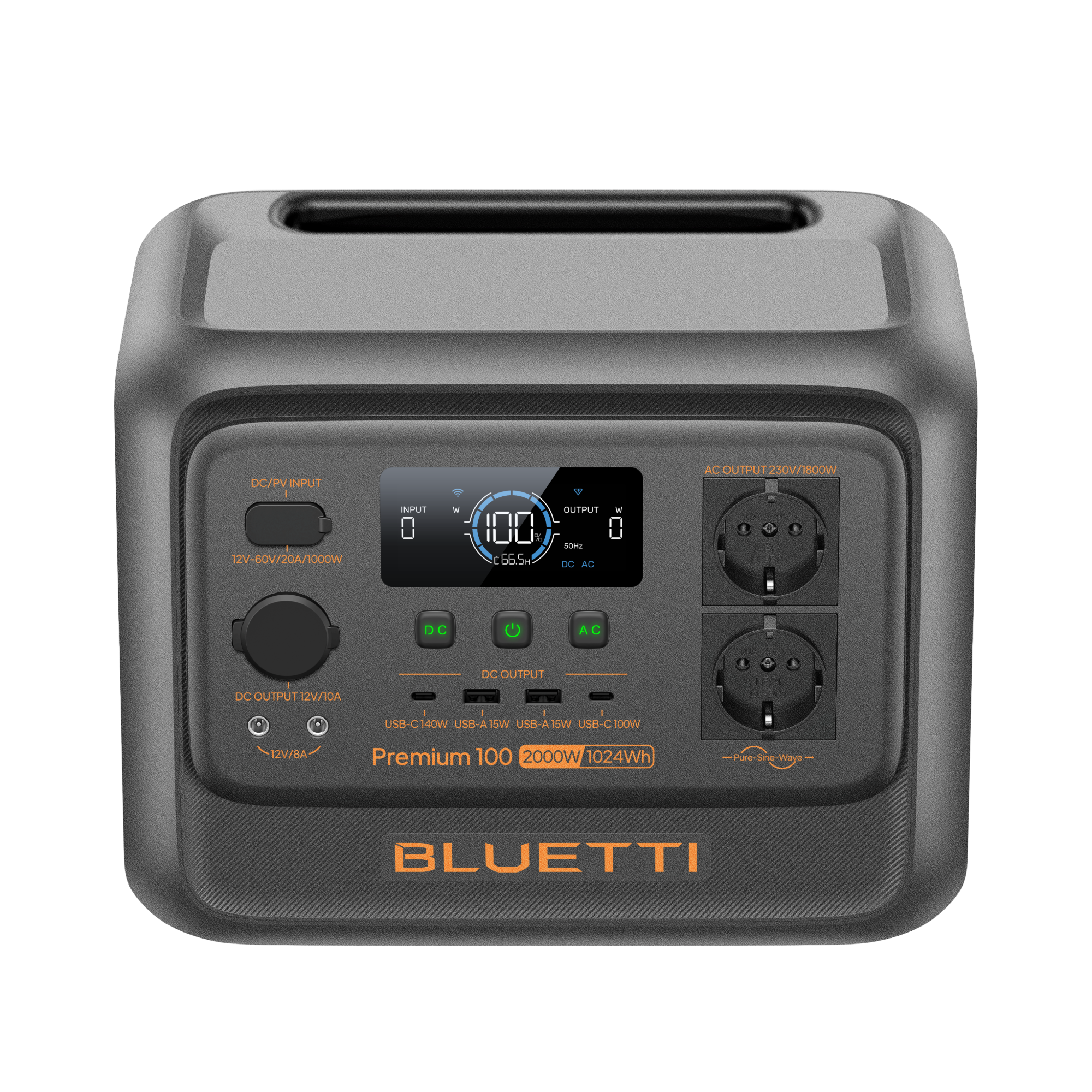 BLUETTI Premium 100 V2 EU, elevated front view with handle