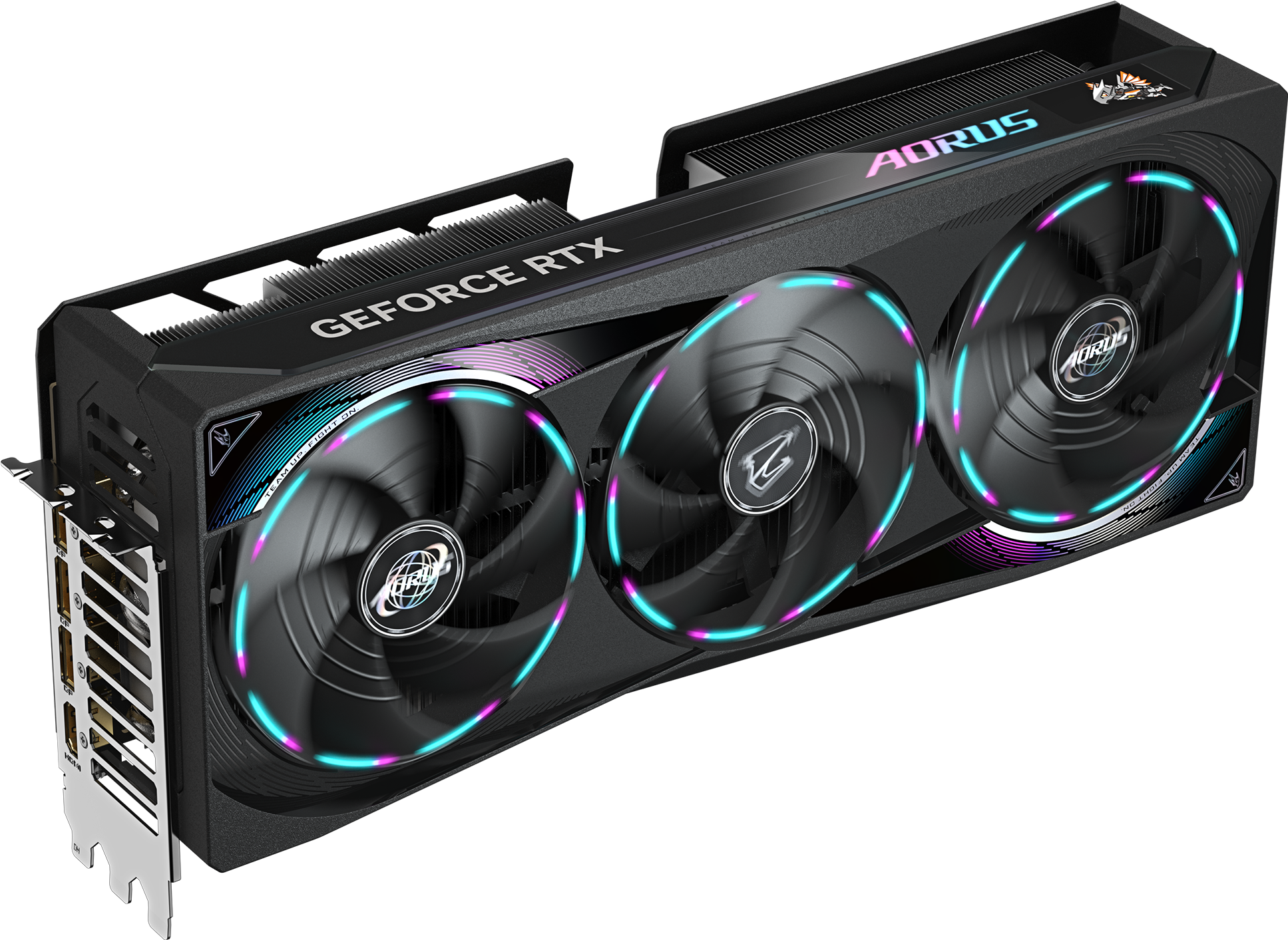 GIGABYTE AORUS GeForce RTX 5080 MASTER 16G Graphics Card — Angled view with output bracket