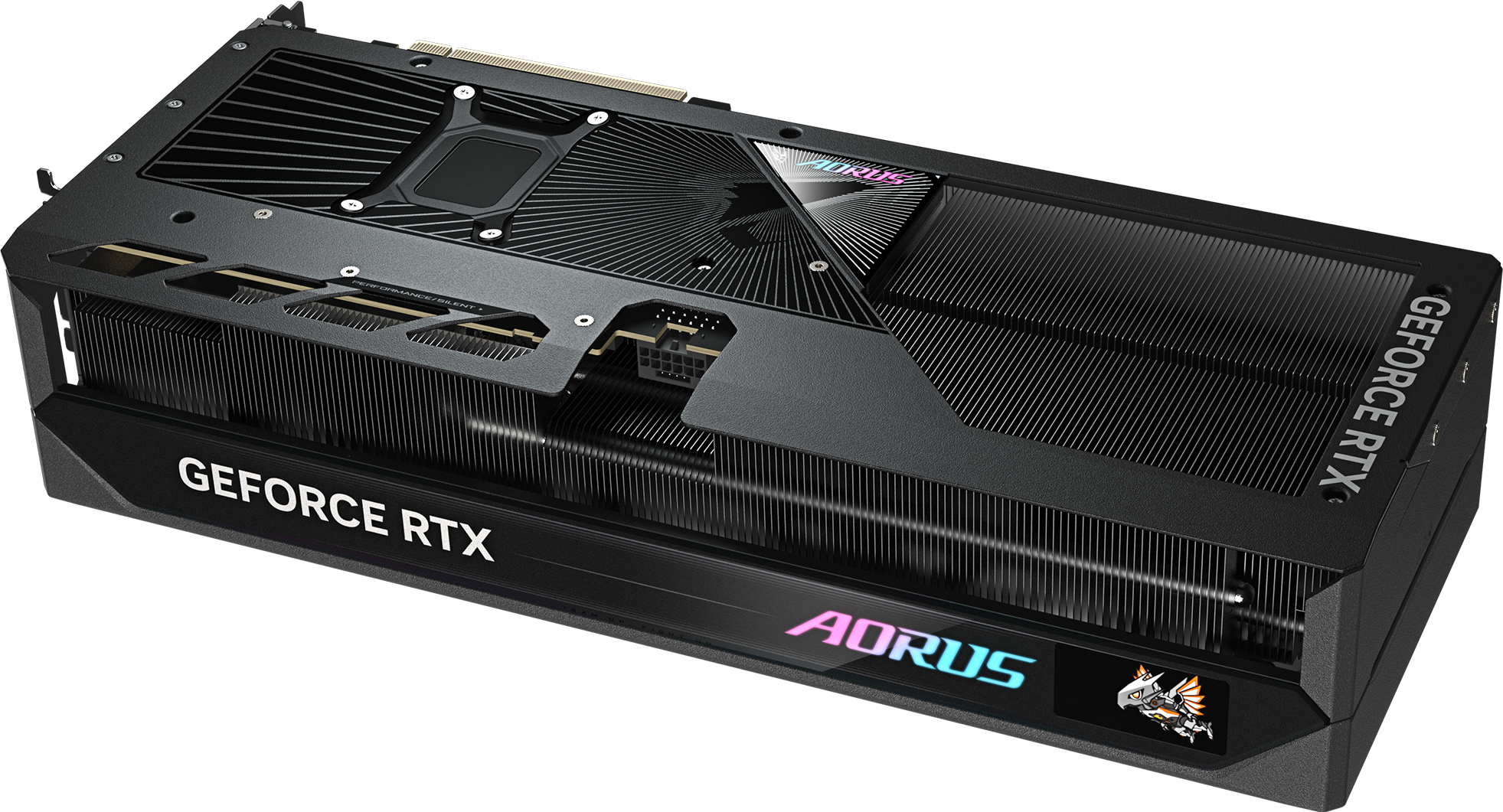 GIGABYTE AORUS GeForce RTX 5080 MASTER 16G Graphics Card — Backplate and illuminated side view