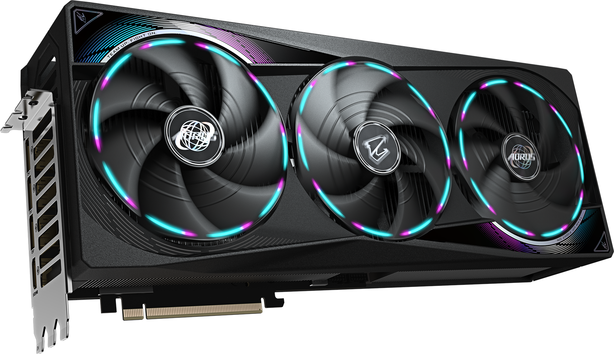 GIGABYTE AORUS GeForce RTX 5080 MASTER 16G Graphics Card — Front angled fan view