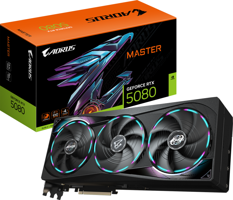 GIGABYTE AORUS GeForce RTX 5080 MASTER 16G Graphics Card — Graphics card and retail box