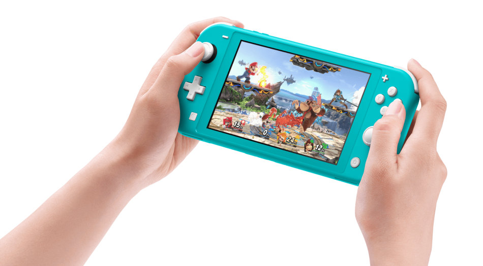 Nintendo Switch Lite Turquoise held in two hands during play