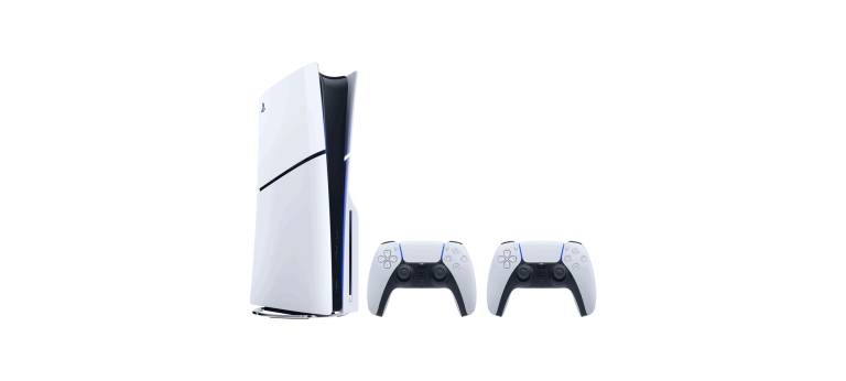 PlayStation 5 Slim Disc 1TB EU bundle with two white DualSense controllers