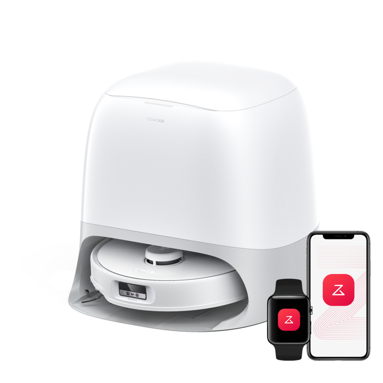 Roborock Qrevo Curv Robot Vacuum and Mop (White) — White robot and curved dock; demonstration smartphone not included