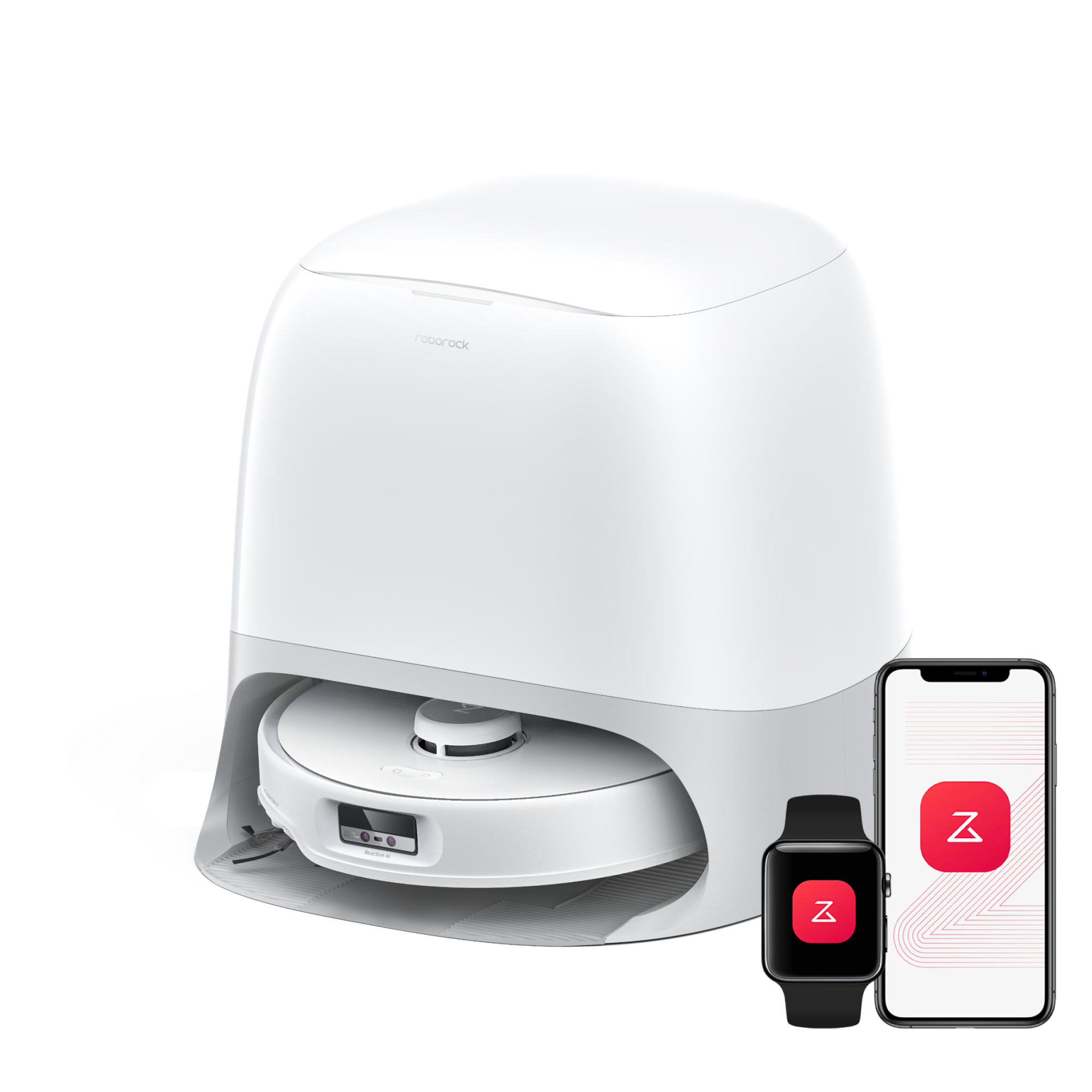 Roborock Qrevo Curv Robot Vacuum and Mop (White) — White robot and curved dock; demonstration smartphone not included