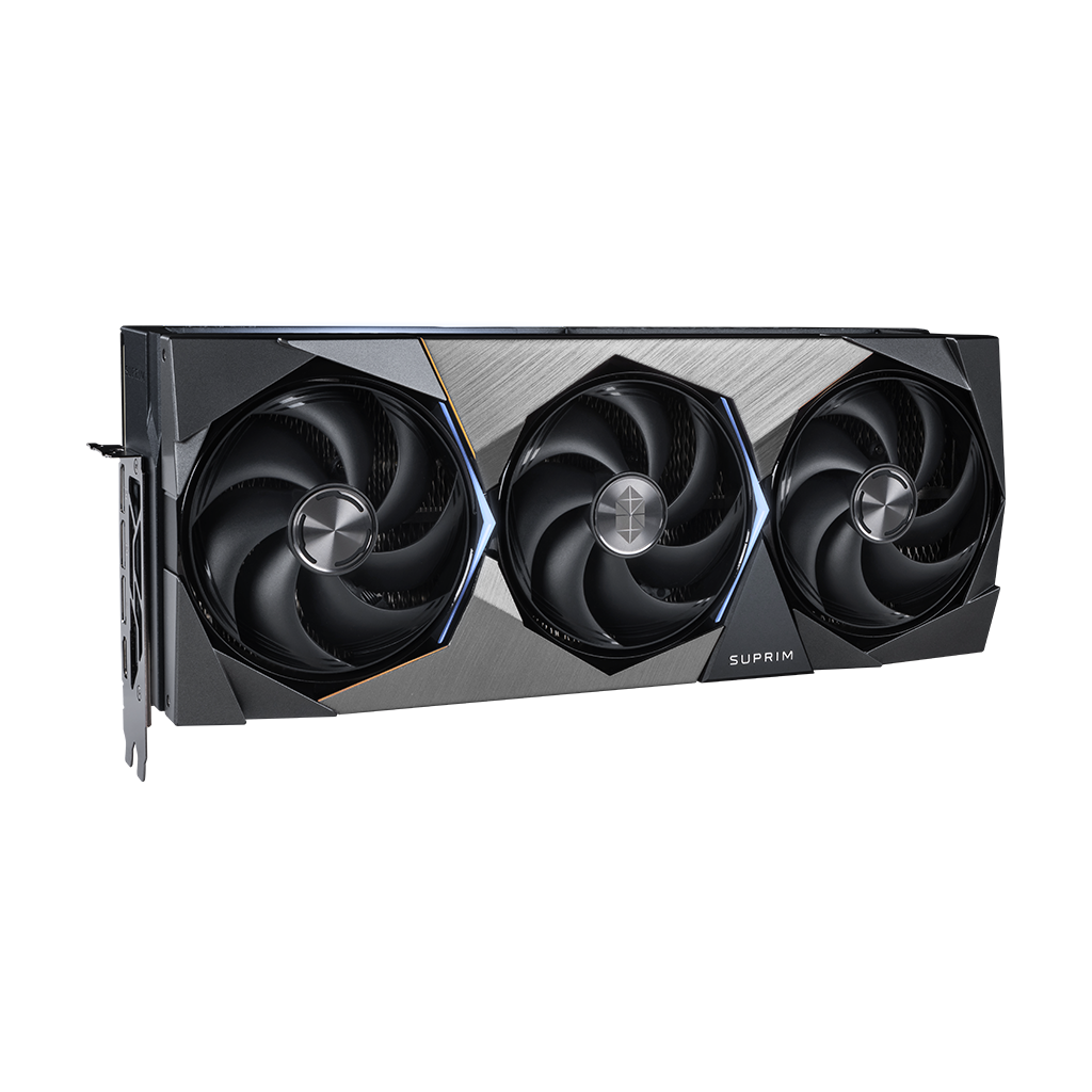 MSI GeForce RTX 5090 32G SUPRIM SOC Graphics Card — Angled front three-fan view