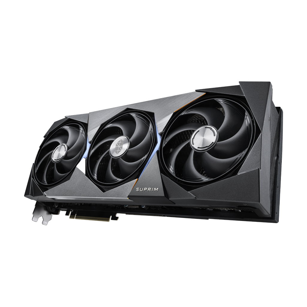 MSI GeForce RTX 5090 32G SUPRIM SOC Graphics Card — Angled front and underside view