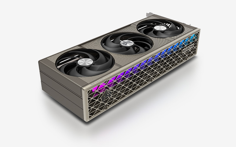 SAPPHIRE NITRO+ Radeon RX 9070 XT OC 16GB Graphics Card — ARGB side and angled fan view