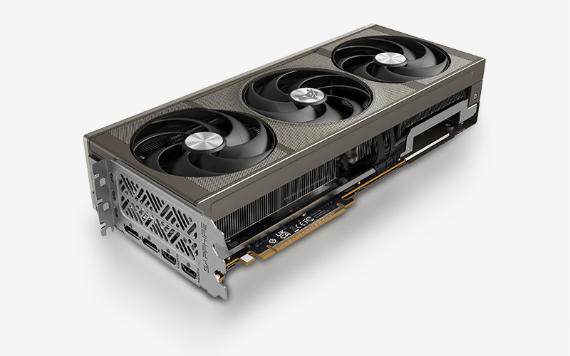 SAPPHIRE NITRO+ Radeon RX 9070 XT OC 16GB Graphics Card — Angled output-bracket view