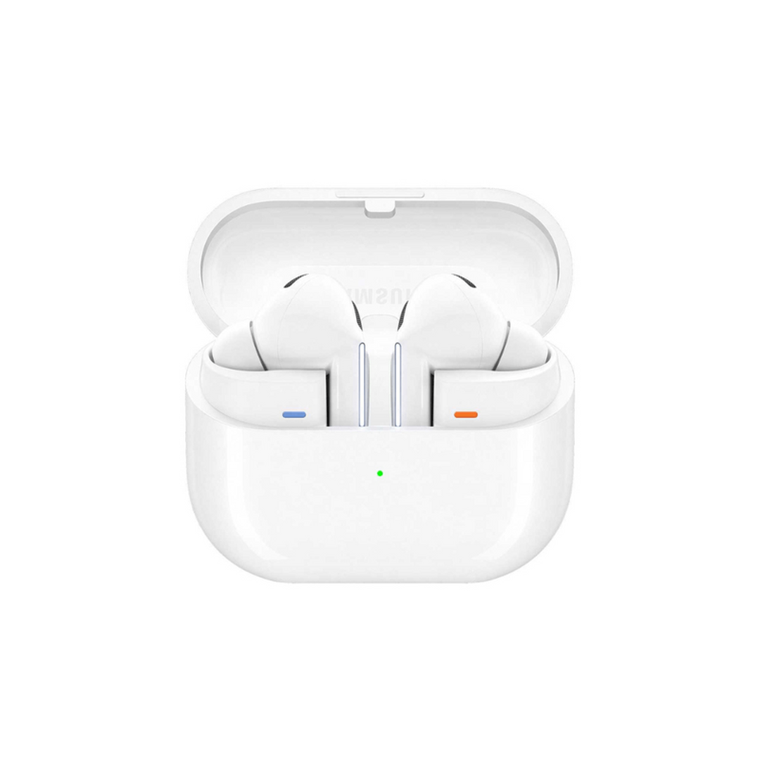 Samsung Galaxy Buds3 Pro White earbuds in open charging case