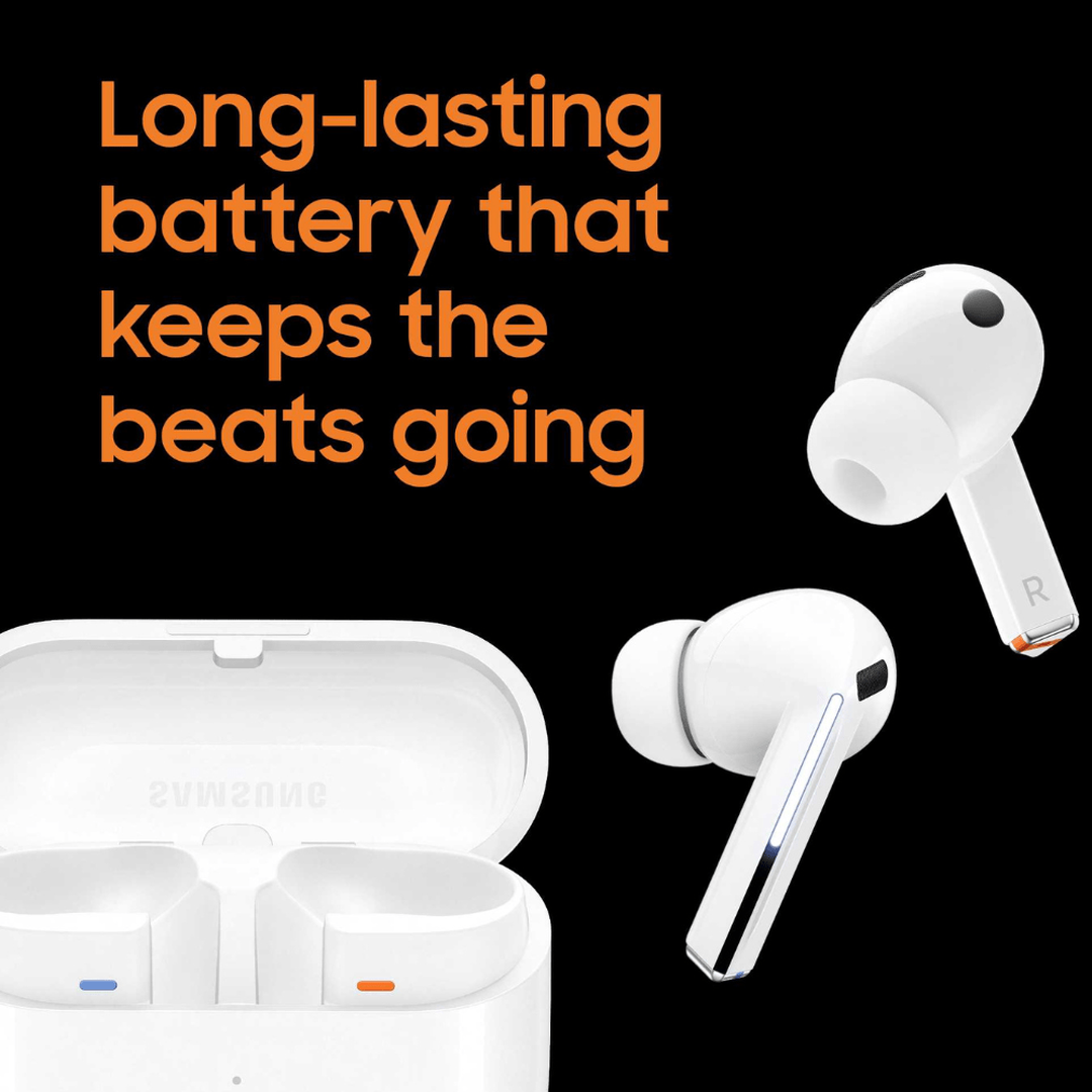 Samsung Galaxy Buds3 Pro White earbuds and case battery feature