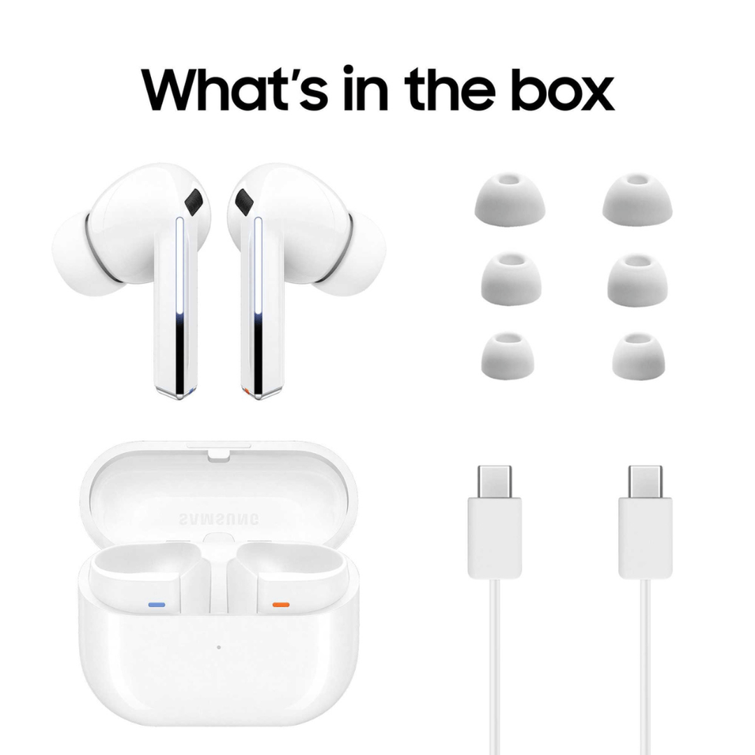 Samsung Galaxy Buds3 Pro White earbuds, charging case, ear tips and USB cable