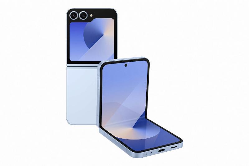 Samsung Galaxy Z Flip6 Blue EU, partly folded front and rear view